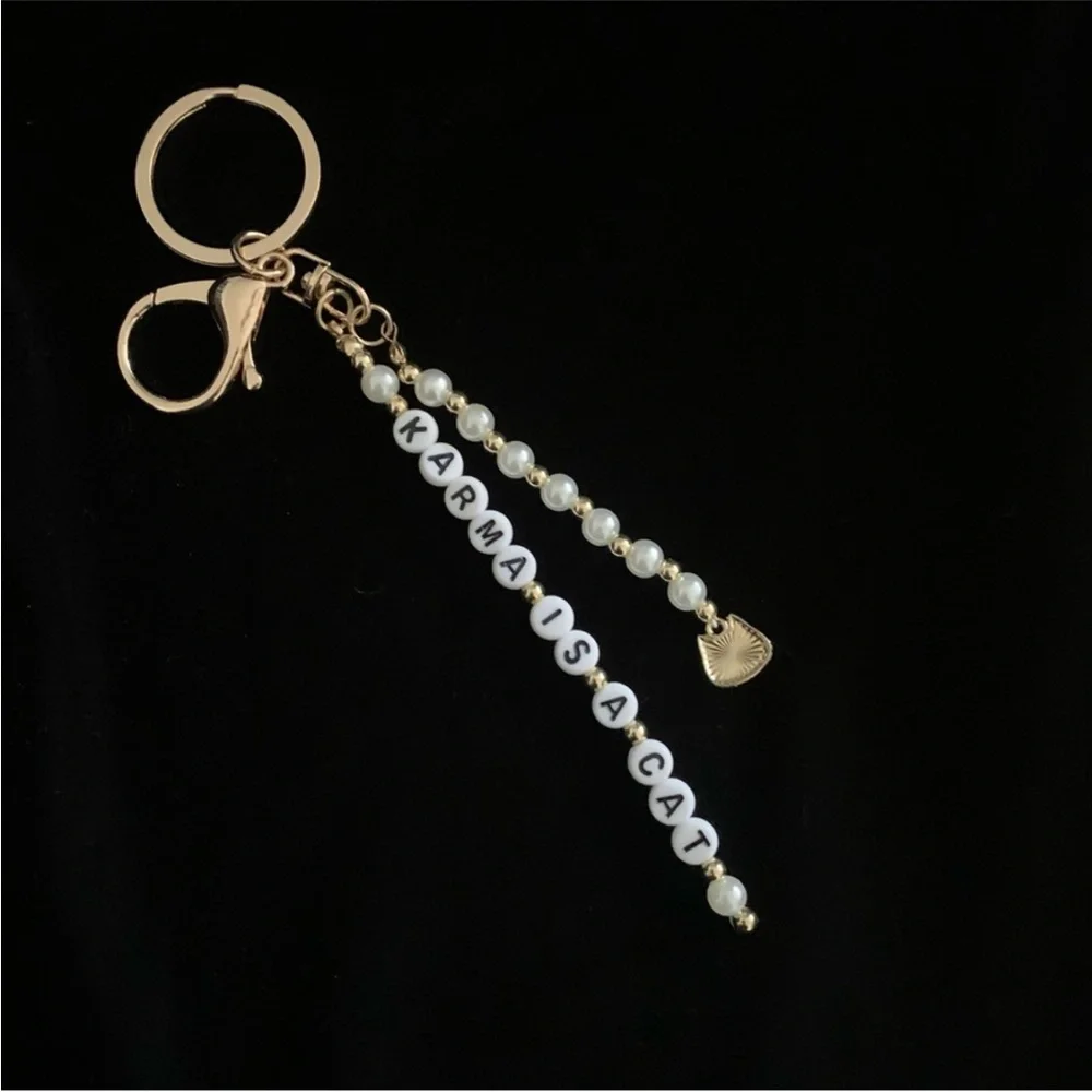 Karma Is A Cat Keychain Pearls Gold Tone Beads Black Cat Gold Tone Keyring